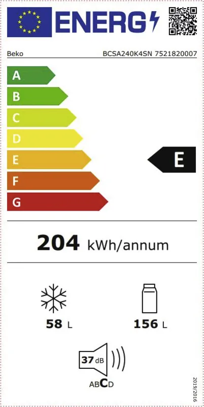 Beko BCSA240K4SN energielabel