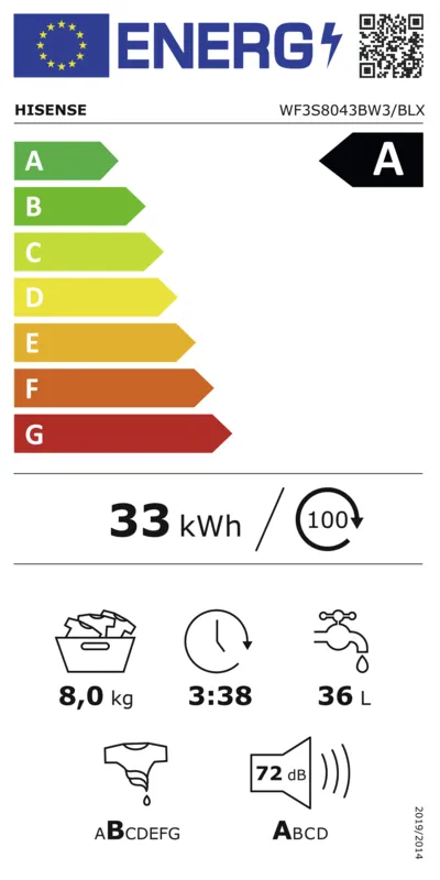 Hisense WF3S8043BW/BLX energielabel